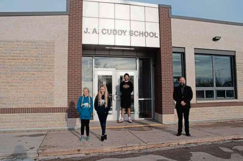 JOSEPH BERNACKI
Nov. 23, 2021 - Amelia and Naomi Wiebe-Price (left), were two of the top student earners at J. A. Cuddy's Terry Fox Fundraiser. Organized by Phys.Ed. teacher Daniel Schinkel (centre) and principal Scott Thomson, the school raised $13,528 and was a huge success. (JOSEPH BERNACKI/CANSTAR COMMMUNITY NEWS/HEADLINER)
