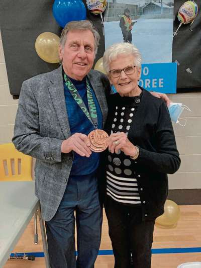 Supplied photo
Robert Fabbri (right) was presented with his Honour 150 medal by old friend and fellow volunteer Olga Boychuk at a ceremony in Bronx Park Community Centre’s Robert R. Fabbri Gymnasium on Nov. 28.