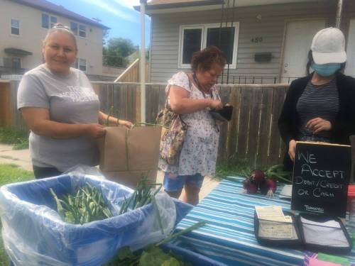 Fireweed Food Co-op’s Veggie Van local fruits and veggies at subsidized prices to residents in northwest Winnipeg. Resident Gloria Knott (left) is a big fan. “It’s so cheap, I use it every week” she enthused.