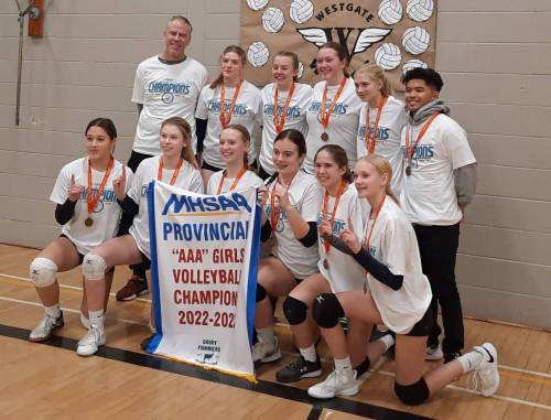 Supplied photo
                                Westgate Wings varsity girls volleyball team celebrates an undefeated tournament championship.