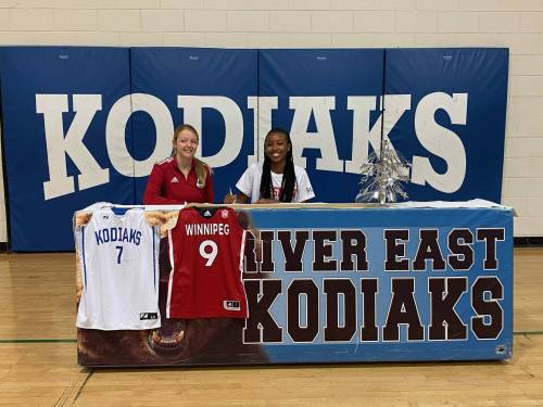 Supplied photo
                                On Dec. 14, Wesmen women’s coach Alyssa Cox stopped by River East as Jennifer Kallon, a 5-foot-10 guard in Grade 12, officially signed her commitment papers.