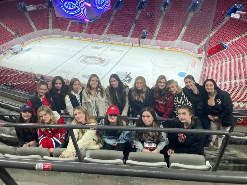 Supplied photo 
                                The Collège Jeanne-Sauvé Olympiens girls hockey team is pictured during a recent visit to Montreal at Bell Centre, where it watched the Montreal Canadians play. The team currently sits on top of the Manitoba Women’s High School Hockey League’s CTV Division 1.