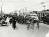 Participants in a military parade march down Portage Avenue in 1914 or 1915. Crowds regularly cheered soldiers as new battalions marched to Union Station to leave Winnipeg and head to Europe, but as the summer of 1915 waned, the tone became grimmer as details of the horrors of the trenches started to become known at home. (L.B. Foote / Archives of Manitoba)