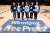 MIKE DEAL / WINNIPEG FREE PRESS
Officials of the Winnipeg Free Press and Winnipeg Jets met at centre ice Thursday at the MTS Centre to announce a continuing long-standing partnership agreement.   Taking part (from left) were:  Free Press vice-president sales, Laurie Finley; True North senior vice-president sales, Norva Riddell; Free Press Publisher, Bob Cox; True North President & CEO, Jim Ludlow; Free Press vice-president marketing, Bruce Leslie; and Winnipeg Jets GM Kevin Cheveldayoff.