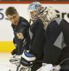 JOE BRYKSA / WINNIPEG FREE PRESS
Winnipeg Jets head coach Claude Noel briefs Jets goaltenders Chris Mason, center, and Ondrej Pavelec during morning skate Tuesday morning at the MTS Centre in Winnipeg in preparation for a game tonight against the Ottawa Senators.