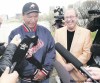 KEN GIGLIOTTI / WINNIPEG FREE PRESS
Faron Hall stands with Mayor Sam Katz Wednesday near the Red River.