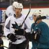 Joe Bryksa/ Winnipeg Free Press
Joe Thornton,left, with  teammate Jamie McGinn.