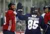 TREVOR HAGAN / WINNIPEG FREE PRESS
Winnipeg Jets' Dustin Byfuglien (33) and Mathieu Perreault (85) high-five each other at practice at Iceplex, Saturday morning, September 15, 2018.