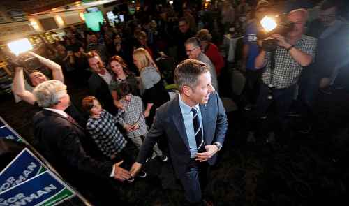 PHIL HOSSACK / WINNIPEG FREE PRESS - Brian Bowman makes his way through supporters as they celebrate the his re-election as mayor Wednesday. See story.. - October 24, 2018