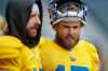 JOHN WOODS / WINNIPEG FREE PRESS
Blue Bomber quarterbacks Matt Nichols, left, and Chris Streveler at watch their teammates run through drill during practice at IG Field Sunday.



Reporter: Sawatsky