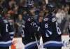 Ruth Bonneville / Winnipeg Free Press
Mark Scheifele is all smiles as he celebrates the teams win against Vancouver Canucks with Alexander Burmistrov on Nov 18th, 2015 at the MTS Centre.