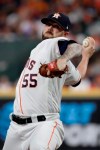 Houston Astros relief pitcher Ryan Pressly throws against the New York Yankees during the seventh inning in Game 1 of baseball's American League Championship Series Saturday, Oct. 12, 2019, in Houston. (AP Photo/Eric Gay)