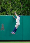 Texas Rangers center fielder Danny Santana cannot reach a ball hit by Los Angeles Angels' Mike Trout for a solo home run during the first inning of a baseball game Sunday, May 26, 2019, in Anaheim, Calif. (AP Photo/Mark J. Terrill)