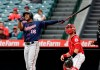Minnesota Twins' Jonathan Schoop follows the path of his three-run home run against the Los Angeles Angels during the second inning of a baseball game Thursday, May 23, 2019, in Anaheim, Calif. (AP Photo/Marcio Jose Sanchez)