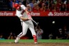 Los Angeles Angels' Mike Trout drives in two runs with a single against the Chicago White Sox during the seventh inning of a baseball game Saturday, Aug. 17, 2019, in Anaheim, Calif. (AP Photo/Marcio Jose Sanchez)