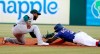 Oakland Athletics second base Jurickson Profar tags out Texas Rangers' Delino DeShields, who was attempting to steal second during the first inning of a baseball game in Arlington, Texas, Friday, June 7, 2019. (AP Photo/Tony Gutierrez)