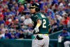 Oakland Athletics' Khris Davis tosses his batting gear after earning a walk in the fifth inning of a baseball game against the Texas Rangers in Arlington, Texas, Saturday, Sept. 14, 2019. (AP Photo/Tony Gutierrez)