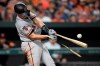 San Francisco Giants' Buster Posey breaks his bat during the sixth inning of a baseball game against the Baltimore Orioles, Friday, May 31, 2019, in Baltimore. (AP Photo/Nick Wass)