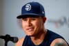 San Diego Padres' Manny Machado talks to the media before a baseball game against the Baltimore Orioles, Tuesday, June 25, 2019, in Baltimore. (AP Photo/Nick Wass)