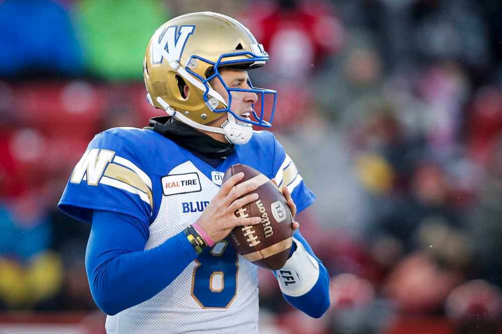 THE CANADIAN PRESS/Jeff McIntosh
Winnipeg Blue Bombers quarterback Zach Collaros started the season in Saskatchewan and was traded by the Roughriders after suffering a concussion in the first game of the season.