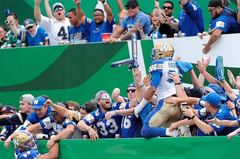 CP
Winnipeg Blue Bombers' Andrew Harris celebrates with fans after a touchdown against the Saskatchewan Roughriders during first half CFL football action at Mosaic Stadium in Regina on Sunday, Sept. 2, 2018. THE CANADIAN PRESS/Mark Taylor