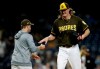 San Diego Padres relief pitcher Trey Wingenter, right, is removed by manager Andy Green during the eighth inning of the team's baseball game against the Arizona Diamondbacks in San Diego, Friday, Sept. 20, 2019. (AP Photo/Alex Gallardo)
