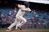 San Francisco Giants' Stephen Vogt runs after hitting a two-run single off Pittsburgh Pirates pitcher Mitch Keller during the first inning of a baseball game Tuesday, Sept. 10, 2019, in San Francisco. (AP Photo/Ben Margot)