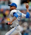 Toronto Blue Jays pitcher Edwin Jackson works against the San Francisco Giants in the first inning of a baseball game Wednesday, May 15, 2019, in San Francisco. (AP Photo/Ben Margot)