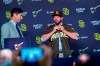 San Diego Padres general manager A.J. Preller, left, introduces the baseball team's new manager, Jayce Tingler, during a news conference Friday, Oct. 31, 2019, in San Diego. (Nelvin C. Cepeda/The San Diego Union-Tribune via AP)