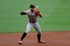 San Francisco Giants third baseman Evan Longoria bobbles the ball while fielding a ground ball hit for a single by San Diego Padres' Hunter Renfroe during the second inning of a baseball game Wednesday, July 3, 2019, in San Diego. (AP Photo/Gregory Bull)