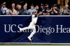 San Diego Padres center fielder Manuel Margot makes the catch at the wall for the out on Los Angeles Dodgers' Cody Bellinger during the sixth inning of a baseball game Tuesday, Aug. 27, 2019, in San Diego. (AP Photo/Gregory Bull)