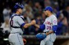 New York Mets relief pitcher Edwin Diaz, right, celebrates with catcher Wilson Ramos after the Mets defeated the San Diego Padres 7-6 in a baseball game Tuesday, May 7, 2019, in San Diego. (AP Photo/Gregory Bull)
