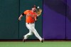 San Francisco Giants left fielder Stephen Vogt catches a fly ball for the out on Miami Marlins' Miguel Rojas during the fourth inning of a baseball game Friday, Sept. 13, 2019, in San Francisco. (AP Photo/Tony Avelar)