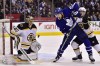 Toronto Maple Leafs right wing William Nylander (29) and Boston Bruins goaltender Tuukka Rask (40) watch the puck as Boston Bruins defenseman Torey Krug (47) defends during first period NHL hockey action in Toronto on January 12, 2019. THE CANADIAN PRESS/Frank Gunn