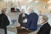 Defence lawyer James Miglin, left to right, Justice John McMahon, court registrar, Bruce McArthur, Crown Attorney Michael Cantlon, Detective Hank Idsinga, and friends and family of victims, back right, are shown in this court sketch in Toronto on Tuesday, January 29, 2019. THE CANADIAN PRESS/Alexandra Newbould