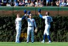 Chicago Cubs left fielder Ian Happ (8) center fielder Albert Almora Jr, center, and right fielder Jason Heyward (22) celebrate their 6-2 win against the Milwaukee Brewers in a baseball game, Friday, Aug. 2, 2019, in Chicago. (AP Photo/David Banks)