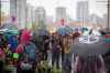 Protesters with the group Extinction Rebellion occupy the Burrard Street Bridge in Vancouver, closing it to vehicle traffic going into and out of downtown. (Darryl Dyck / The Canadian Press)