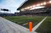 Pylons mark the modified end zone in the game between Oakland Raiders and Green Bay Packers in Winnipeg Thursday, August 22, 2019. (John Woods / The Canadian Press)