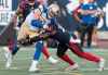 GRAHAM HUGHES / THE CANADIAN PRESS
Winnipeg Blue Bombers quarterback Chris Streveler, left, is tackled by Montreal Alouettes linebacker Henoc Muamba during second half CFL football action in Montreal, Saturday, September 21, 2019.