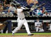 Miami Marlins' Harold Ramirez hits single in the eighth inning during a baseball game against the Tampa Bay Rays, Tuesday, May 14, 2019, in Miami. The Rays won 4-0. (AP Photo/Lynne Sladky)