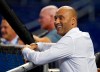 Miami Marlins CEO Derek Jeter smiles as he watches batting practice before a baseball game against the St. Louis Cardinals, Monday, June 10, 2019, in Miami. (AP Photo/Wilfredo Lee)