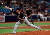 Cleveland Indians starting pitcher Shane Bieber works from the mound against the Tampa Bay Rays during the fourth inning of a baseball game Friday, Aug. 30, 2019, in St. Petersburg, Fla. (AP Photo/Scott Audette)