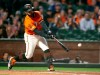 San Francisco Giants' Kevin Pillar hits an RBI single off Los Angeles Dodgers starting pitcher Clayton Kershaw during the sixth inning of a baseball game Friday, June 7, 2019, in San Francisco. (AP Photo/D. Ross Cameron)