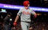 Philadelphia Phillies' Jay Bruce walks to the dugout after striking out during the eighth inning of the team's baseball game against the San Francisco Giants in San Francisco, Thursday, Aug. 8, 2019. (AP Photo/Jeff Chiu)