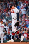 Atlanta Braves starting pitcher Mike Foltynewicz stands on the mound after walking St. Louis Cardinals' Matt Carpenter to score a run in the first inning of Game 5 of their National League Division Series baseball game Wednesday, Oct. 9, 2019, in Atlanta. (AP Photo/John Bazemore)