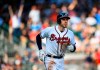 Atlanta Braves' Freddie Freeman watches his two-run home run ball sail toward right field during the fourth inning of a baseball game against the Detroit Tigers, Saturday, June 1, 2019, in Atlanta. (AP Photo/John Amis)
