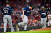 Milwaukee Brewers pitcher Matt Albers, center, reacts, before being taken out of a baseball game during the sixth inning after walking Atlanta Braves' Josh Donaldson, Saturday, May 18, 2019, in Atlanta. (AP Photo/John Amis)