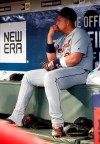 Detroit Tigers first baseman Miguel Cabrera sits in the dugout before being replaced in the lineup during the seventh inning of a baseball game against the Atlanta Braves, Friday, May 31, 2019, in Atlanta. (AP Photo/John Bazemore)