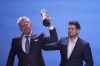 David Foster hoists the Juno for the Humanitarian of the Year with presenter Michael Buble at the Juno Gala Dinner and Awards in London, Ontario, Saturday, March 16, 2019. THE CANADIAN PRESS/ Geoff Robins