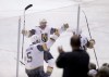 CP
Vegas Golden Knights' Deryk Engelland (5), Ryan Carpenter (40) and Alex Tuch (89) celebrate after Tuck scored during first period NHL Western Conference Finals game 5 hockey action against the Winnipeg Jets, in Winnipeg, Sunday, May 20, 2018. THE CANADIAN PRESS/Trevor Hagan